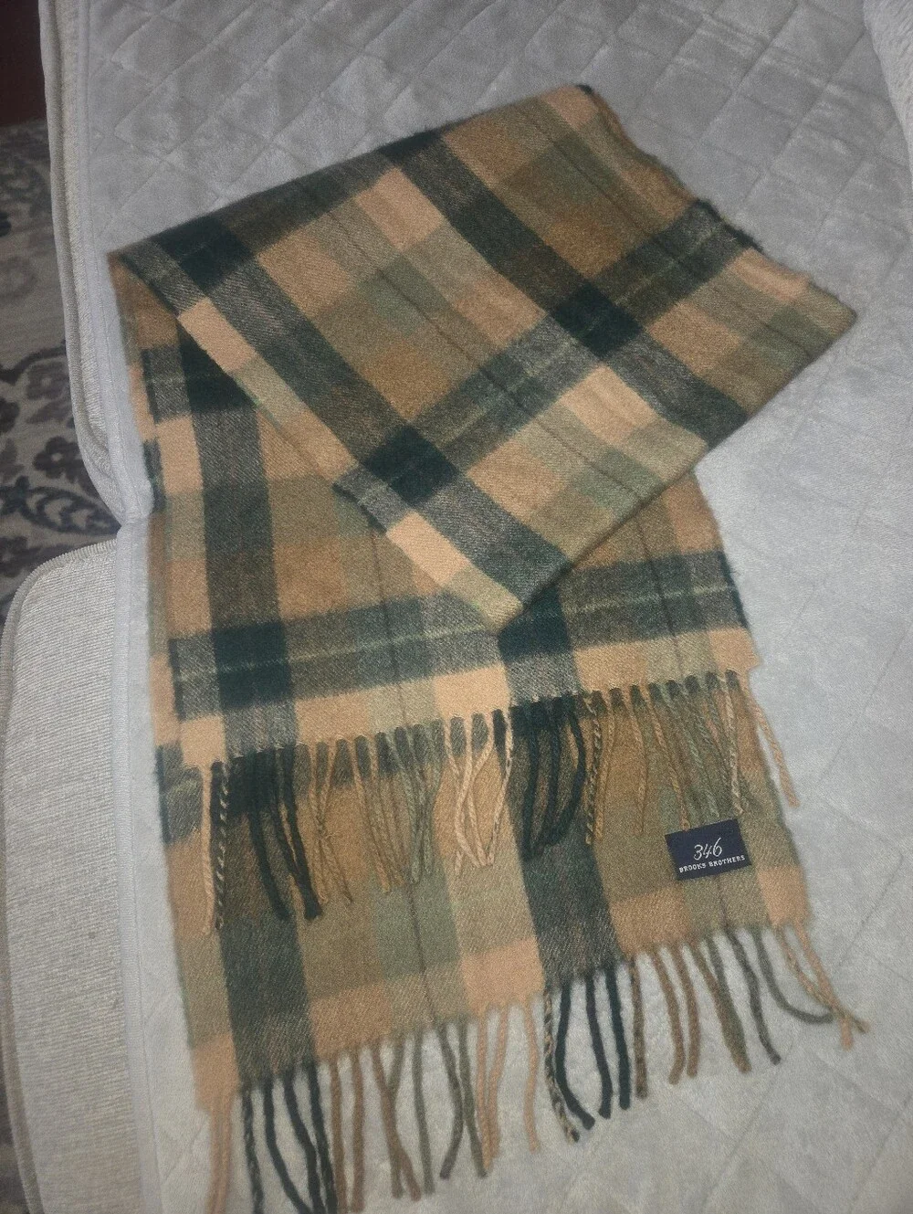Brooks Brothers Tan and Green Plaid Wool Scarf
